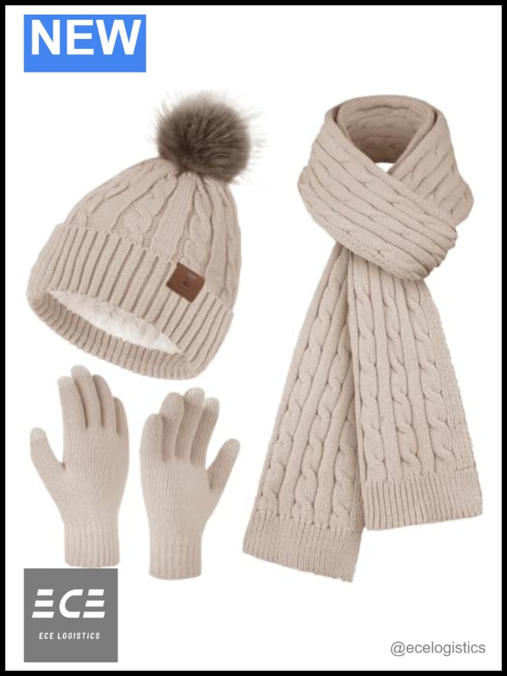 Womens Winter Beanie Scarf Touchscreen Gloves Set Acrylic Fleece Lined 3-in-1
